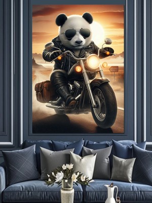 Motorcu Panda Yollarda Dekoratif Kanvas - Mdf Ahşap Tablo