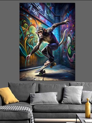 Kaykay Yapan Maymun Dekoratif Kanvas - Mdf Ahşap Tablo