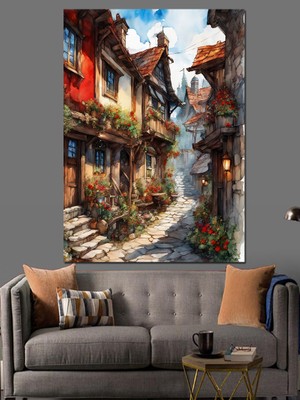 Köy Evleri Dekoratif Kanvas - Mdf Ahşap Tablo