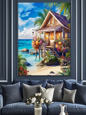 Sahil Evi Dekoratif Kanvas - Mdf Ahşap Tablo