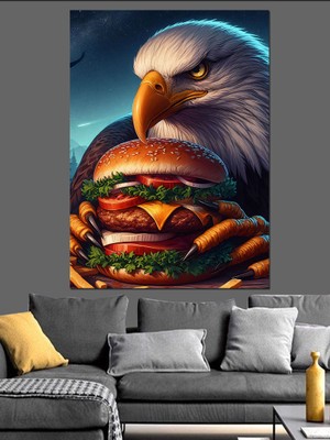 Hamburger Yiyen Kartal Dekoratif Kanvas - Mdf Ahşap Tablo