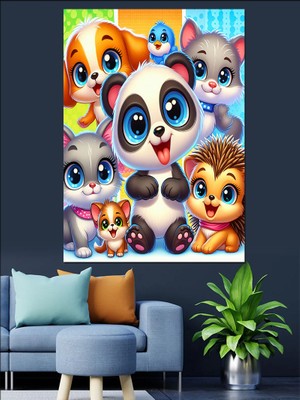 Sevimli Panda ve Arkadaşları Dekoratif Kanvas - Mdf Ahşap Tablo