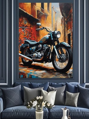Siyah Chopper Motosiklet Dekoratif Kanvas - Mdf Ahşap Tablo