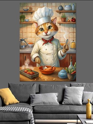 Yemek Yapan Kedi Dekoratif Kanvas - Mdf Ahşap Tablo