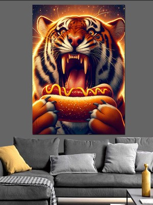 Hotdog Yiyen Kaplan Dekoratif Kanvas - Mdf Ahşap Tablo