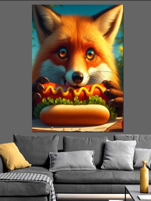 Hotdog Yiyen Tilki Dekoratif Kanvas - Mdf Ahşap Tablo