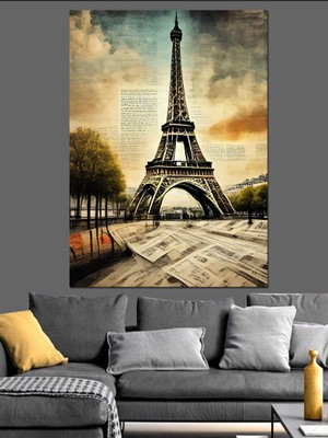 Gazete Fonu Eyfel Kulesi Dekoratif Kanvas - Mdf Ahşap Tablo