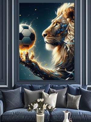 Futbol Oynayan Aslan Dekoratif Kanvas - Mdf Ahşap Tablo