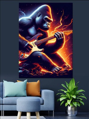Elektro Gitar Çalan Goril Dekoratif Kanvas - Mdf Ahşap Tablo