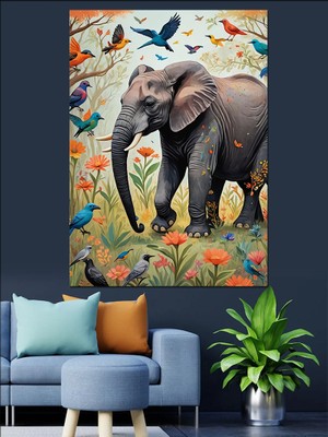 Renkli Kuşlar ve Fil Dekoratif Kanvas - Mdf Ahşap Tablo