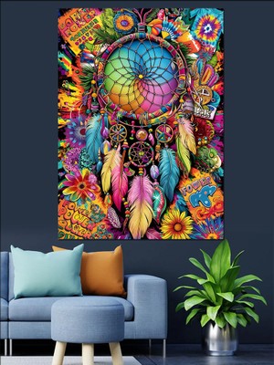 Renkli Düş Kapanı Dreamcatcher Dekoratif Kanvas - Mdf Ahşap Tablo