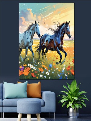 Renkli Çiçekler ve Atlar Dekoratif Kanvas - Mdf Ahşap Tablo