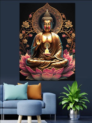Buda Heykeli ve Lotus Çiçeği Dekoratif Kanvas - Mdf Ahşap Tablo