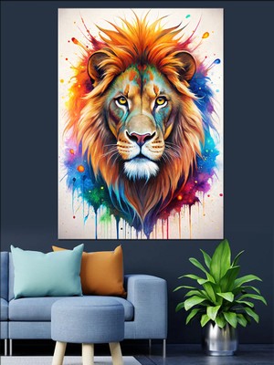 Renkli Boyalar ve Aslan Dekoratif Kanvas - Mdf Ahşap Tablo