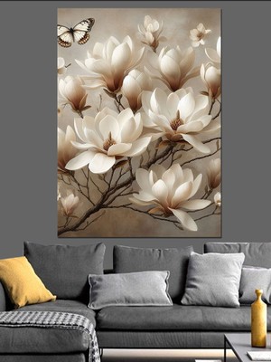 Beyaz Çiçekler ve Kelebekler Dekoratif Kanvas - Mdf Ahşap Tablo