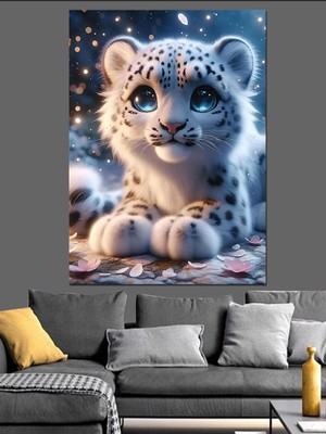 Yavru Mavi Gözlü Beyaz Kaplan Dekoratif Kanvas - Mdf Ahşap Tablo