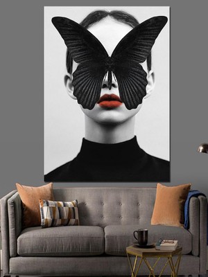 Yüzü Kelebekli Kadın Dekoratif Kanvas - Mdf Ahşap Tablo