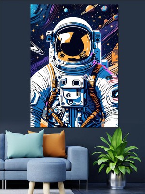 Amerikan Astronotu Uzay Dekoratif Kanvas - Mdf Ahşap Tablo