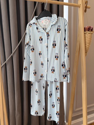 Babyaden Teddy Çizgili Pembe / Mavi Pamuklu Viskon Yumuşacık Önden Düğmeli Kız Erkek Pijama Takımı