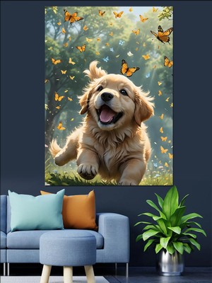 Golden Köpek ve Kelebekler Dekoratif Kanvas - Mdf Ahşap Tablo