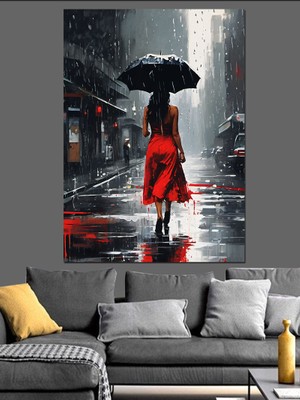 Siyah Şemsiyeli Kadın Dekoratif Kanvas - Mdf Ahşap Tablo
