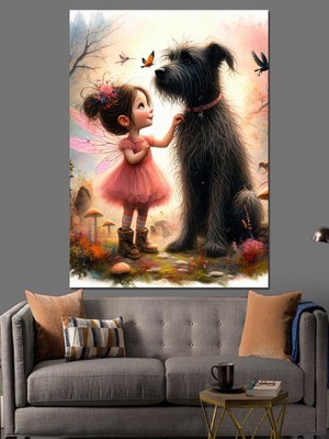 Peri Kız ve Köpeği Dekoratif Kanvas - Mdf Ahşap Tablo