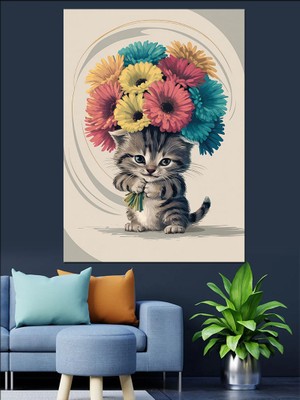 Renkli Çiçekler ve Kedi Dekoratif Kanvas - Mdf Ahşap Tablo