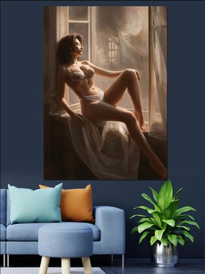 Pencerede Oturan Kadın Dekoratif Kanvas - Mdf Ahşap Tablo