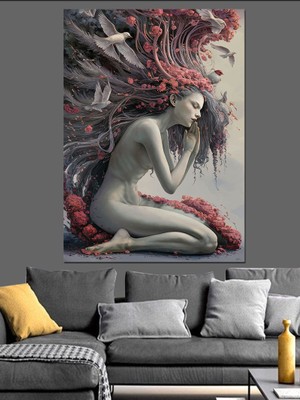 Nü Kadın ve Çiçekler Dekoratif Kanvas - Mdf Ahşap Tablo
