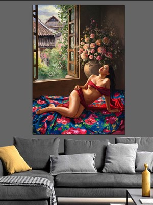 Nü Kadın ve Vazodaki Çiçekler Dekoratif Kanvas - Mdf Ahşap Tablo