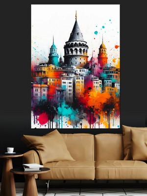 Renkli Galata Kulesi Dekoratif Kanvas - Mdf Ahşap Tablo