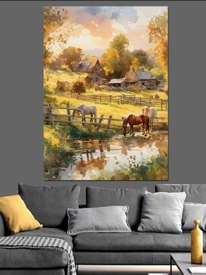 Köy Evi ve Atlar Dekoratif Kanvas - Mdf Ahşap Tablo