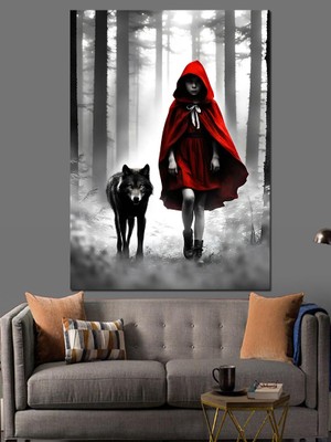 Kırmızı Elbiseli Kız ve Kurt Dekoratif Kanvas - Mdf Ahşap Tablo
