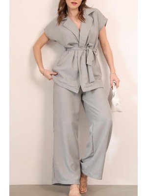 Kadın Yelekli Takım Keten Bol Pantolon Üst Uzun Yelek