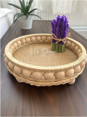 Teknotrust Ahşap Boncuklu Doğal Rafya Hasır Tepsi Sepet