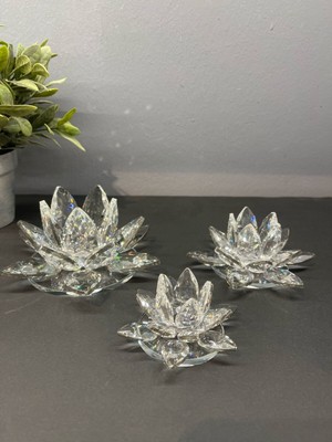 Dekoratif Kristal Cam Üçlü Lotus Mumluk Şeffaf Gümüş