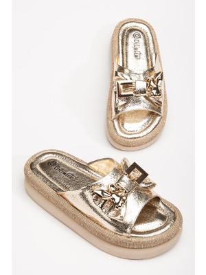 Dilimler Ayakkabı Kadın Taşlı Dolgu Topuk Terlik Gold Metal Tavşan Aksesuarlı