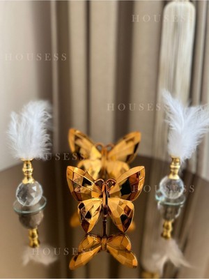 Dekoratif Bal Köpüğü Kelebek ve 2 Adet Gold Tüylük Biblo Süs