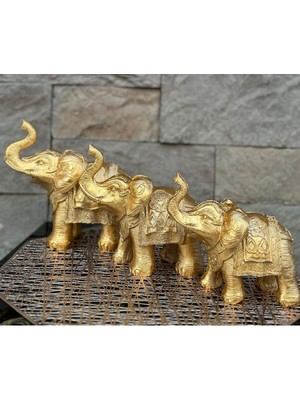 Teknotrust Dekoratif Polyester Üçlü Fil Biblo Gold