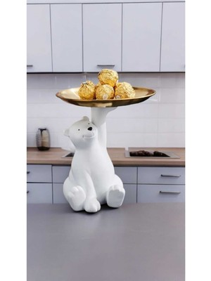 Dekoratif Tabak Tutan Sevimli Ayı Biblo Sunum Kase Dekor