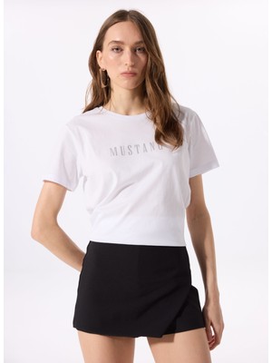 Mustang Bisiklet Yaka Baskılı Beyaz Kadın T-Shirt M5SL-TST1833