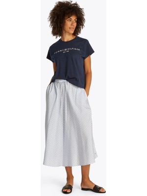 Tommy Hilfiger Bisiklet Yaka Mavi Kadın T-Shirt WW0WW46113C1G