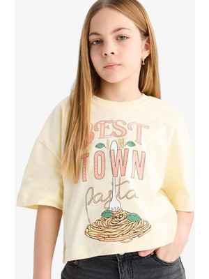 DeFacto Boxy Fit Bisiklet Yaka Baskılı Kısa Kollu Tişört Kız Çocuk E4405A825SM