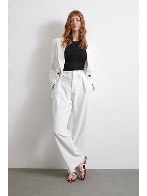 Bel Detaylı Wide Leg Pantolon Ekru