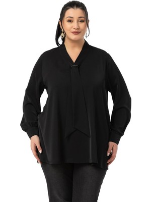 Disentis Modest Büyük Beden Kravat Yaka D Toka Detaylı Siyah Bluz