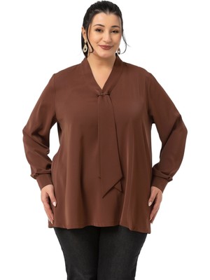 Büyük Beden Kravat Yaka D Toka Detaylı Kahverengi Bluz