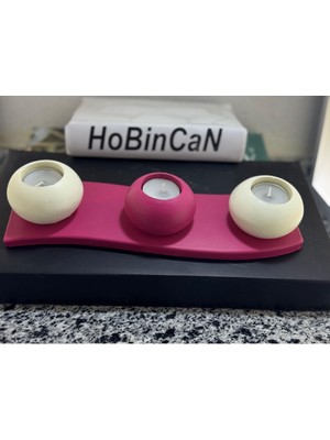 4 Parça  Tabaklı Fuşya & Krem Beton Mumluk