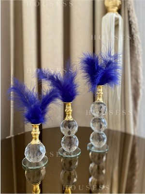 3'lü Mavi Tüylü Gold Kristal Top Tüylük Dekor Biblo Süs