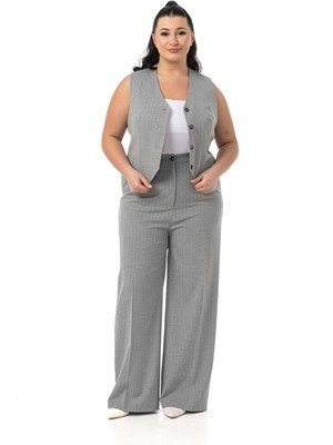 Disentis Modest Büyük Beden Çizgili Yelek Pantolon Gri Ikili Takım