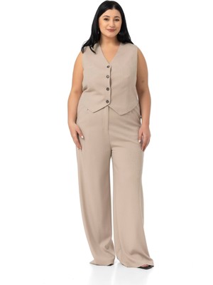 Disentis Modest Büyük Beden Çizgili Yelek Pantolon Vizon Ikili Takım